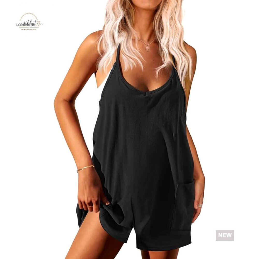 Sleeveless V-Neck Romper with Pockets, Polyester Spandex Blend, Loose Fit